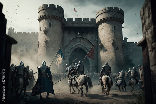 Fotografia Medieval Castle Siege: Knights and Soldiers Battle for Victory  Generative AI