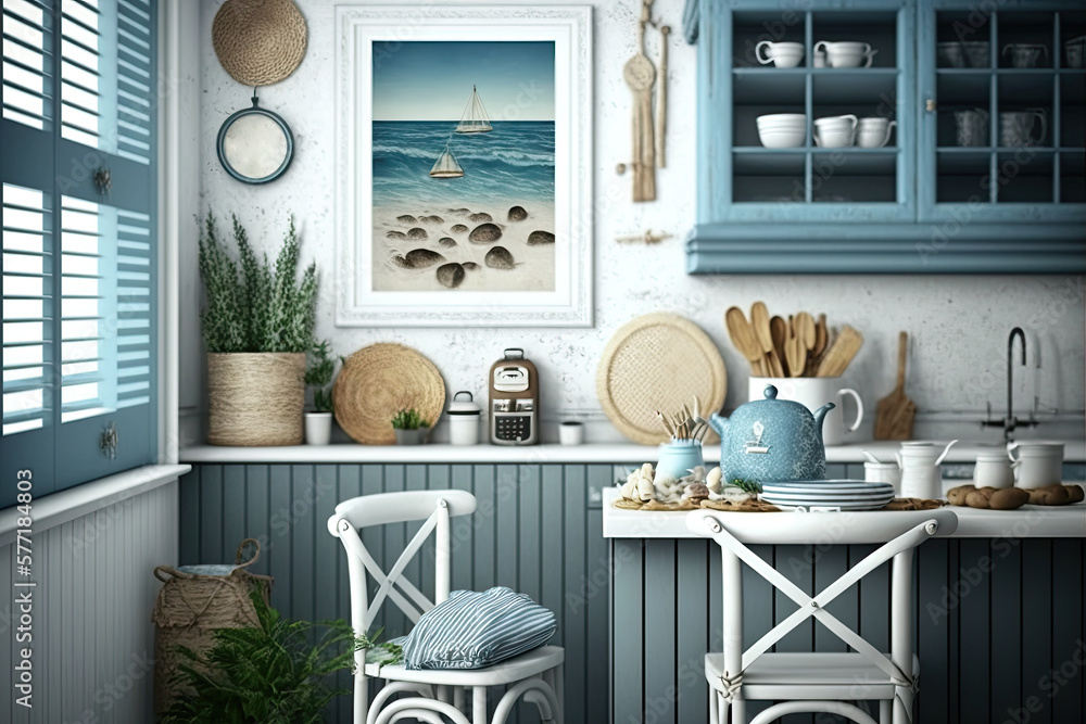 Marine coastal styled kitchen interior, sea decor and furniture, blue  color, ocean style, generative ai Stock Illustration