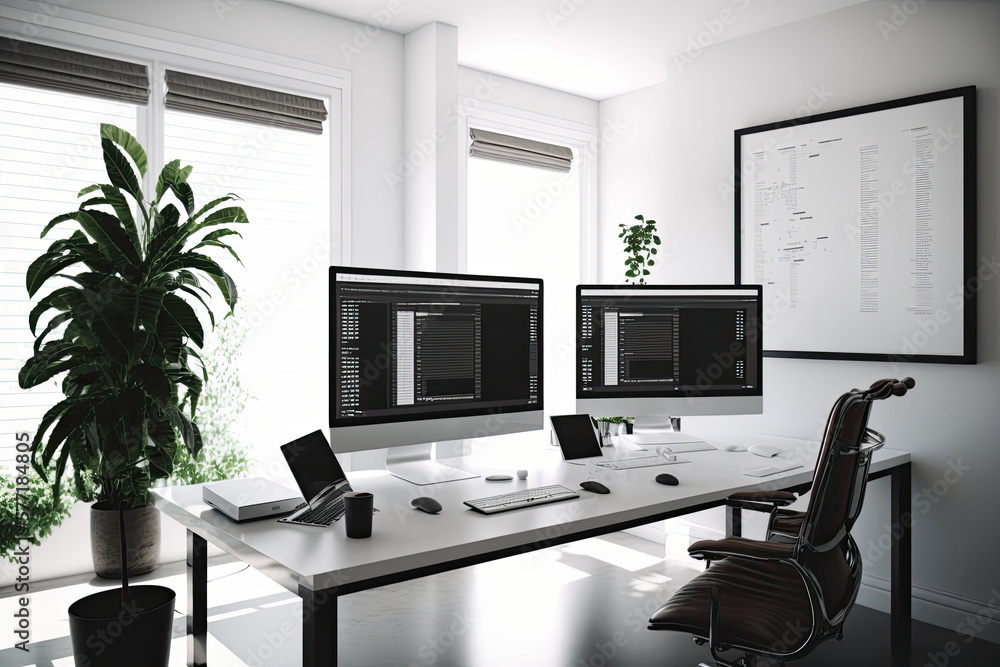 Modern office with two wide computer screens with programming code. Plants in the background. Generative AI