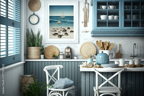 Marine coastal styled kitchen interior, sea decor and furniture, blue color, ocean style, generative ai photo