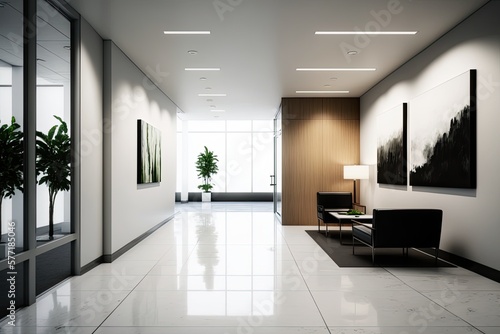 Interior of an luxurious office lobby with marble floors, white open spacious atmosphere. Generative AI © MVProductions