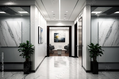 Interior of an luxurious office lobby with marble floors, white open spacious atmosphere. Generative AI