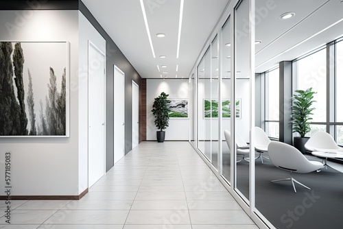 Interior of an luxurious office lobby with marble floors, white open spacious atmosphere. Generative AI © MVProductions