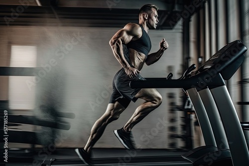Man running on a treadmill in gym. Strong muscles. Training in gym. Generative AI © MVProductions