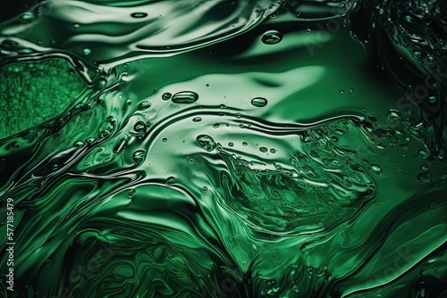 Ripples and bubbles on a dark green water surface texture. Water ripples with copyspace with deep emerald color. Generative AI