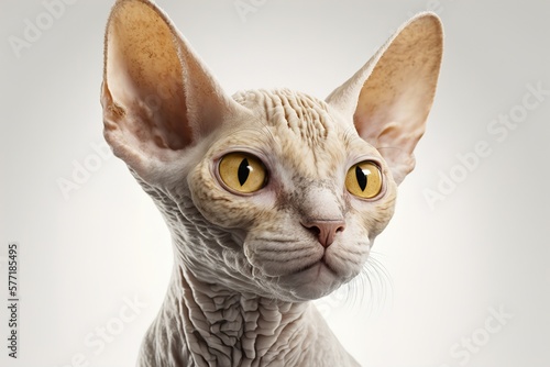 Portrait of a smiling, contented cat with a squinted eye, Sphinx breed, on an isolated background. Cat stock photo.