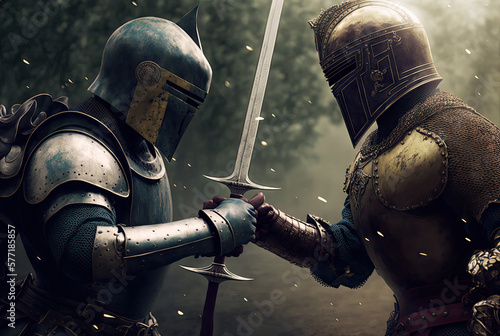 Murais de parede Fighting Knights, Medieval Warrior Duel, Dramatic Knight Battle Drawing Imitatio