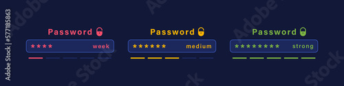 Password reliability indicator. Password weak, medium and strong. Authorization, login to account and sign up concept. Cyber security technology. Vector illustration