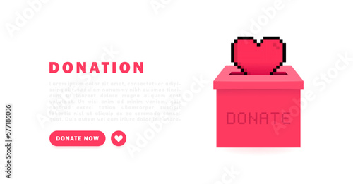 Donation and charity web banner design concept. 8 bit pixel heart in donation box. Giving charity financial support and love. Volunteering and donating. Vector illustration