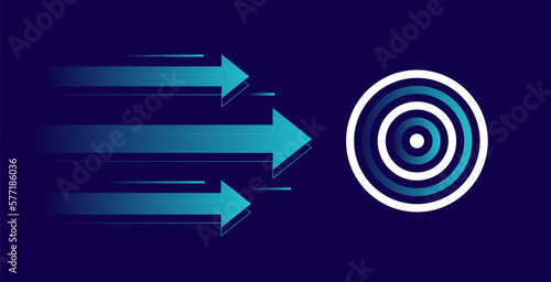 Arrows move straight to the target isolated on dark background. Design concept of business goal, career path or growth concept. Arrow walking up to reach target. Vector illustration