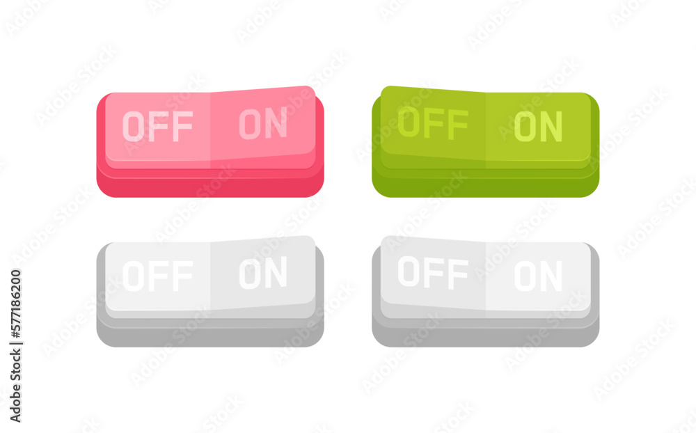 Turn on or off button set. Realistic toggle switch on or off. Switch for control electric light. Vector illustration Turn on or off button set. Realistic toggle switch on or off. Switch for control electric light. Vector illustration