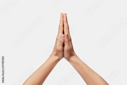 Fotografia Praying hands with faith in religion and belief in God on a white background