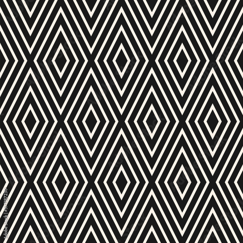 Abstract vector geometric seamless pattern. Black and white background. Simple ornament with rhombuses, diamonds, lines, stripes. Elegant monochrome graphic texture. Repeat design for decor, fabric