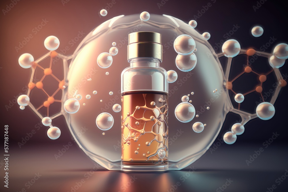 Cosmetic set ads, package design dark background with molecule glittering bokeh and bubbles. AI generation