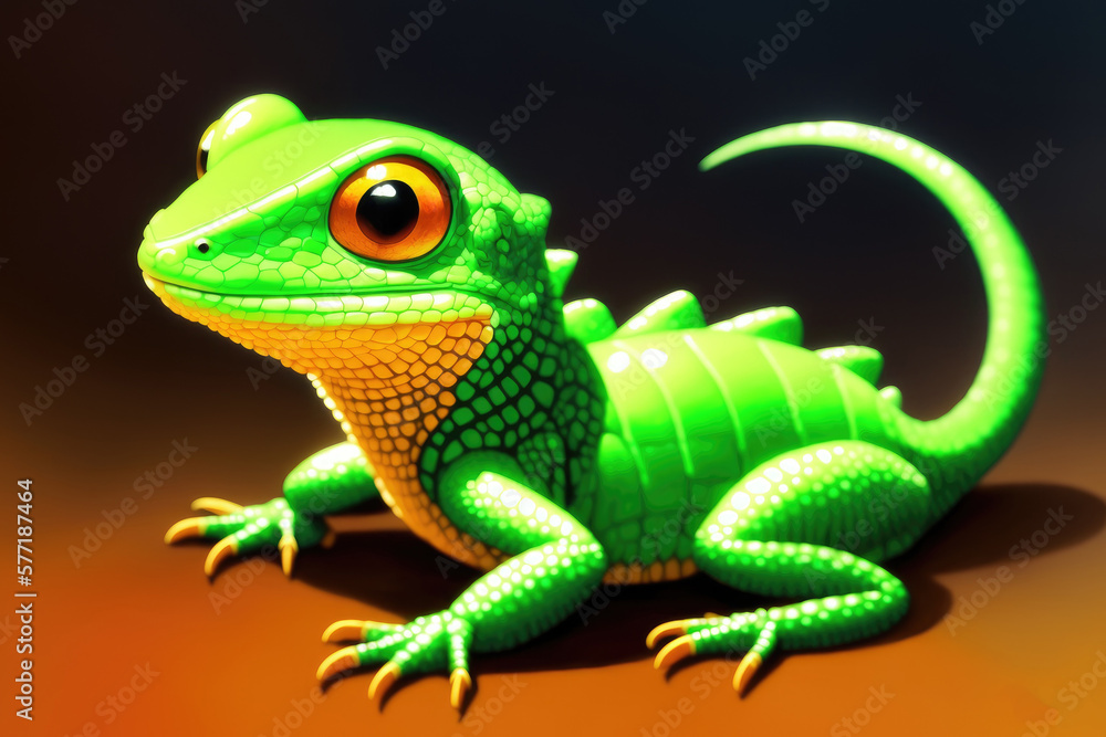 Obraz premium Large lizard. Colorful magic Iguana, cartoon style painting. Generative ai art illustration