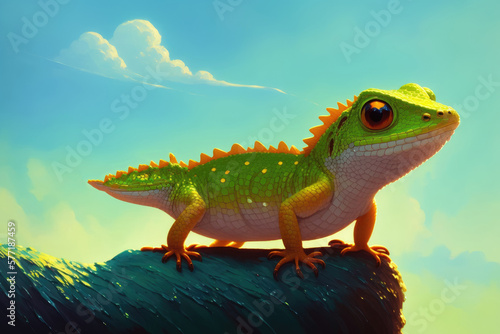 Large lizard. Colorful magic Iguana  cartoon style painting. Generative ai art illustration
