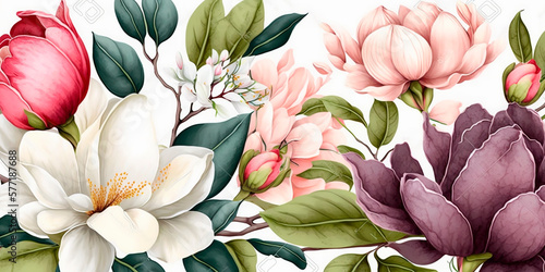 Fototapeta Naklejka Na Ścianę i Meble -  Delicate floral watercolor pattern for textiles and backgrounds, watercolor peonies flowers and green leaves, soft colors, boho style on a light background, floristic vintage, Asian. Generative AI