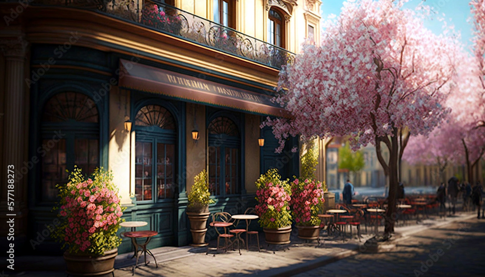 Street view with cafe or restaurant. Coffee shop in the city. Rue de