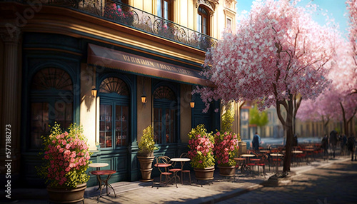 Street view with cafe or restaurant. Coffee shop in the city. Rue de Paris. Spring time. Ai llustration, fantasy digital painting,artificial intelligence artwork