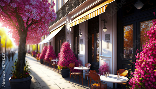 Street view with cafe or restaurant. Coffee shop in the city. Rue de Paris. Spring time. Ai llustration, fantasy digital painting,artificial intelligence artwork