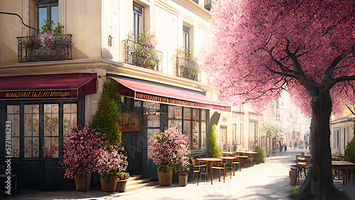 Street view with cafe or restaurant. Coffee shop in the city. Rue de Paris. Spring time. Ai llustration, fantasy digital painting,artificial intelligence artwork