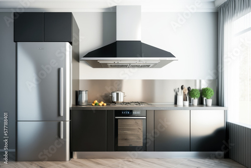 The minimalistic design of this kitchen hood interior gives a sleek and sophisticated vibe. AI generative