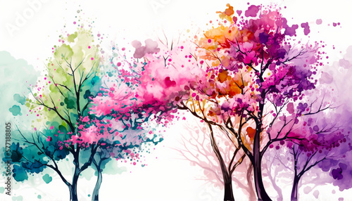 Blooming spring trees illustration. Horizontal watercolor painting. Spring landscape with colorful blooming trees. Ai illustration, fantasy digital painting, art