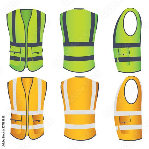 Different views of saving vests on white background