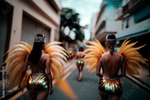 Holiday carnival with people beautiful women in carnival costumes view from the back, lifestyle on the street much city, glowing outfits, long exposure, smudged figures, vacation travel. Generative AI