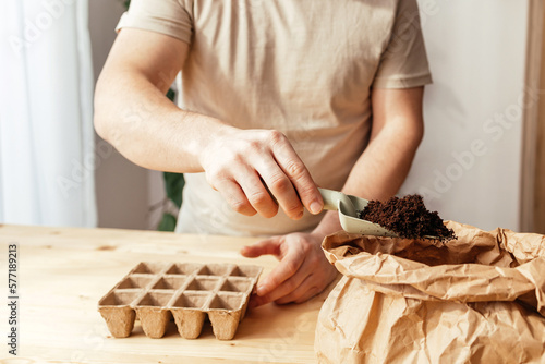 The process of planting tomato seeds in peat environmental cups. The close -up of the hands of a man, pouring the ground. Home gardening and growing vegetables.