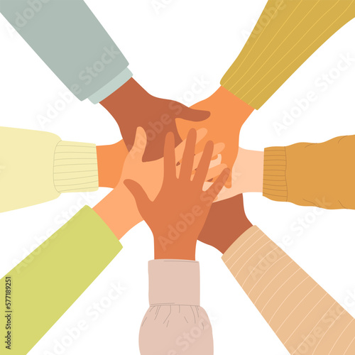 A flat vector illustration of a stack of hands of a multinational people making a gesture of unity, cohesion and support.