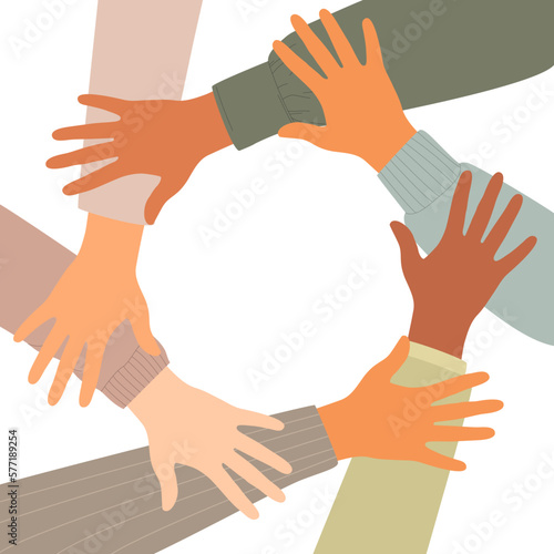 Vector illustration of hands with different skin colors holding each other. The concept of support, unity, teamwork, cohesion.