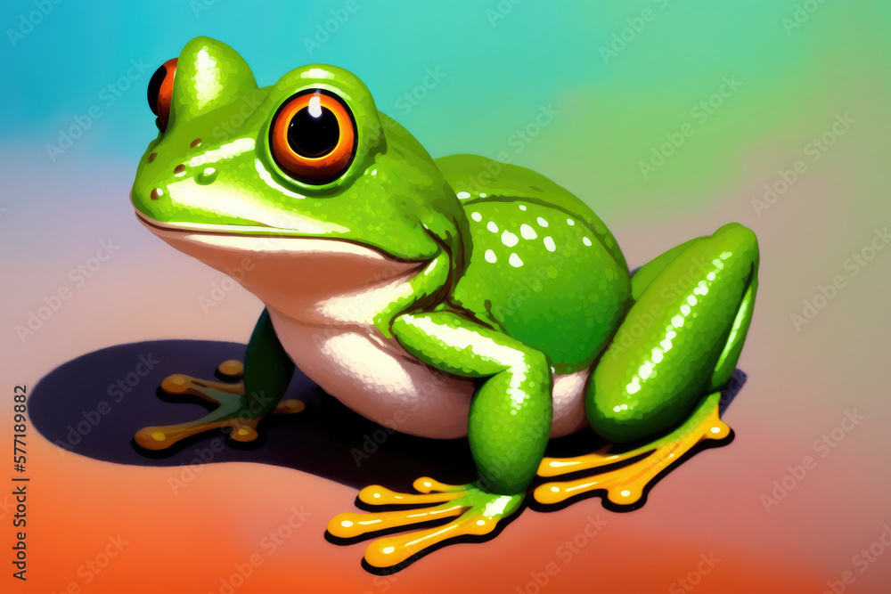 Obraz premium Cute colorful magic frog, cartoon style painting. Generative ai art illustration