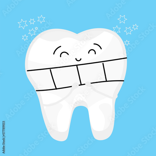 Cute tooth with dental braces on light blue background