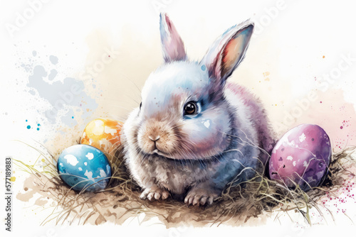 watercolor painting of cute easter bunny sitting in nest next to colorfully painted easter eggs in spring scenario, generative AI