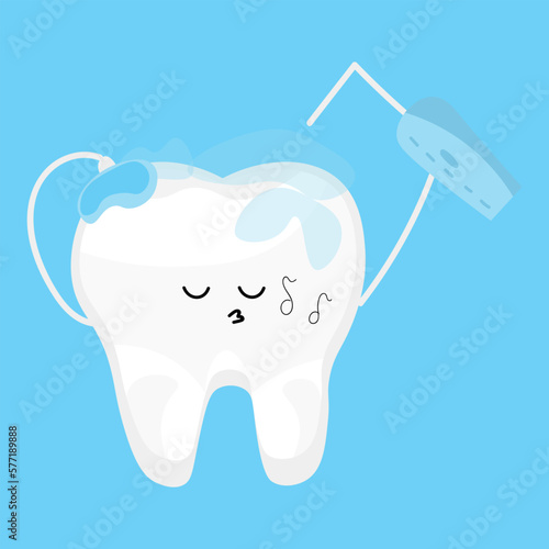 Tooth cleaning itself on light blue background