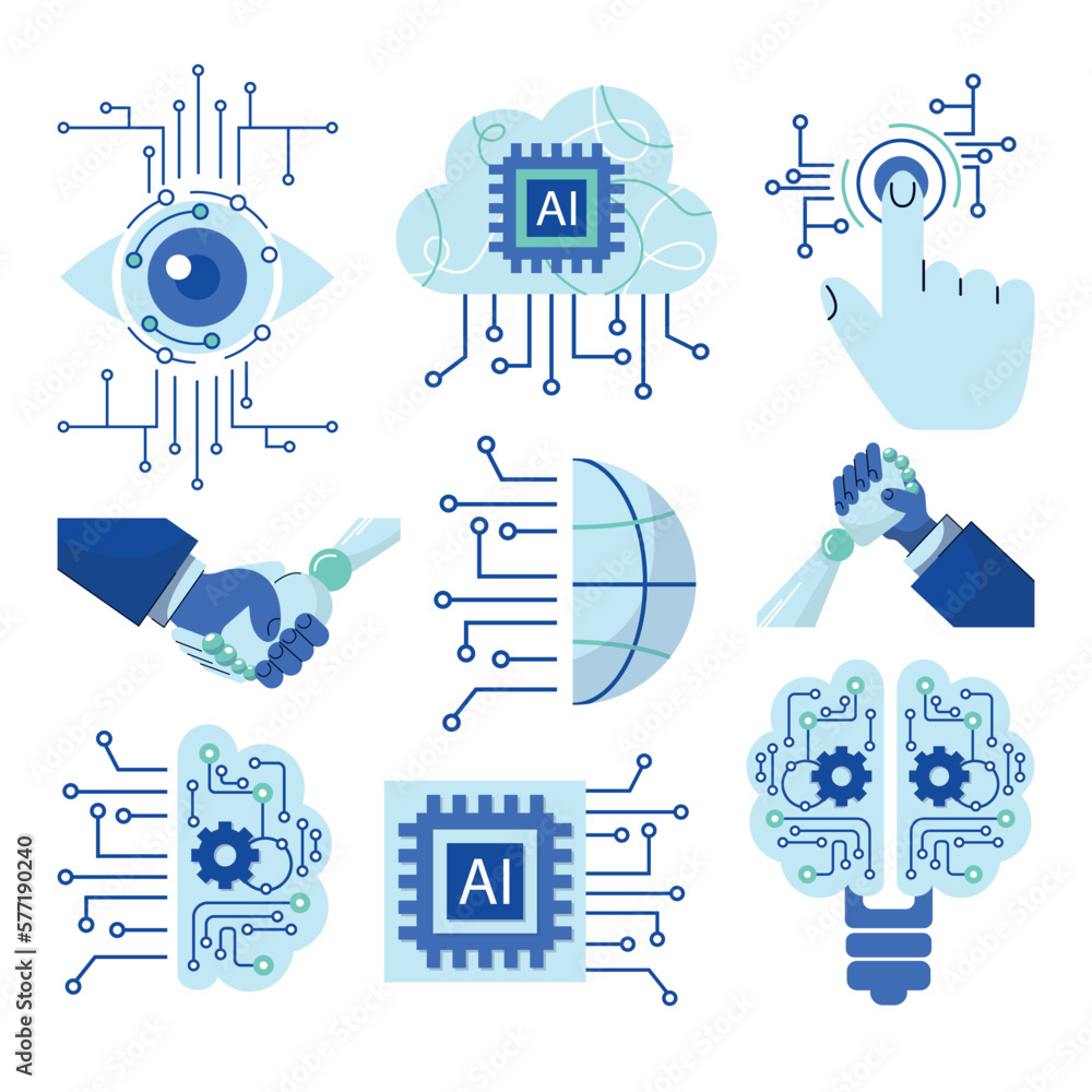 Modern technology icons set: computer vision, artificial intelligence, machine learning. Isolated flat logos illustration robot and human arm, tech brain, electronic eye, cloud computing network - obrazy, fototapety, plakaty 