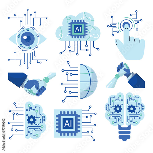 Modern technology icons set: computer vision, artificial intelligence, machine learning. Isolated flat logos illustration robot and human arm, tech brain, electronic eye, cloud computing network