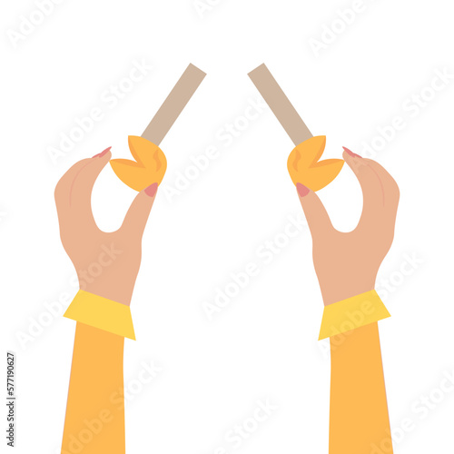 Female hands with fortune cookies on white background