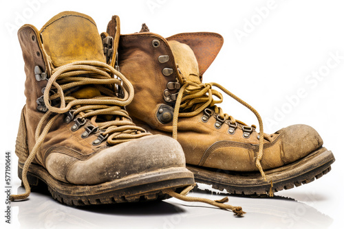 Pair of old worn hiking boots with mud isolated on white. AI generative