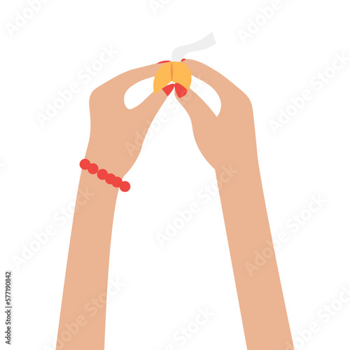 Female hands with fortune cookie on white background