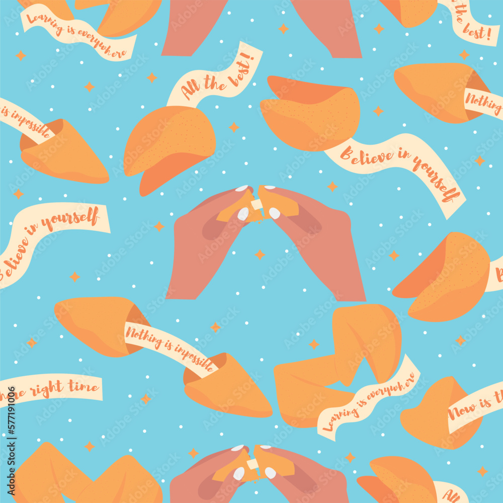 Seamless pattern with fortune cookies on blue background