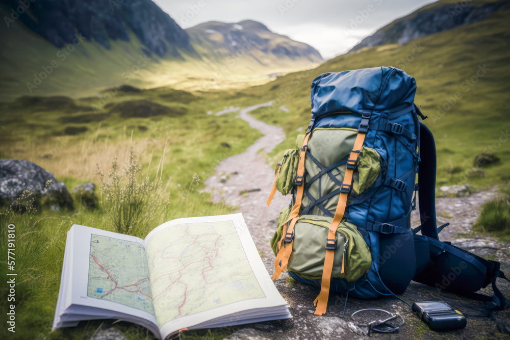 The backpack is filled with supplies and ready to take on the trails, while the map provides valuable navigation information. AI generative - obrazy, fototapety, plakaty 
