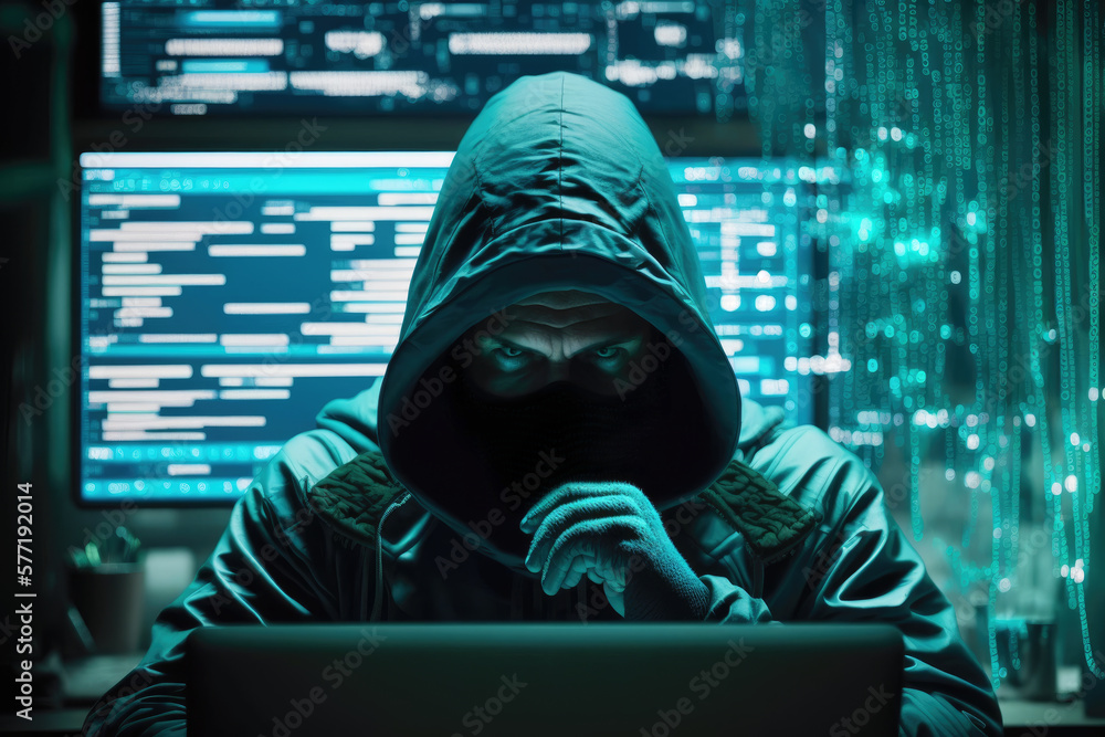 Hacker in a mask and hood looks at the laptop screen. Hacking and malware concept. Generative AI Hacker in a mask and hood looks at the laptop screen. Hacking and malware concept. Generative AI