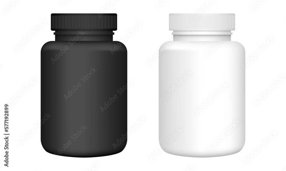 Plastic jar for pills vitamin and capsules vector mockup. Black and white pill bottle isolated on white background Plastic jar for pills vitamin and capsules vector mockup. Black and white pill bottle isolated on white background
