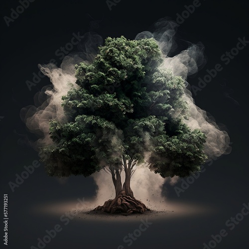 Tree in smoke. Smoke and wood. Tree with smoke on a dark background. Green Tree. Wood smoke. Generative AI.