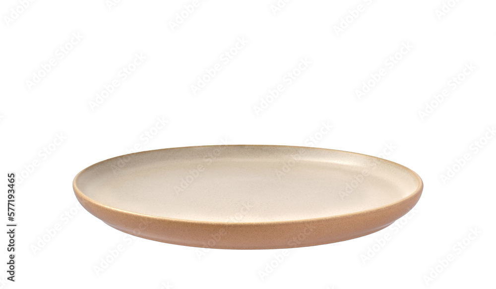 Empty beige stoneware dinner plate isolated cutout on transparent - obrazy, fototapety, plakaty 