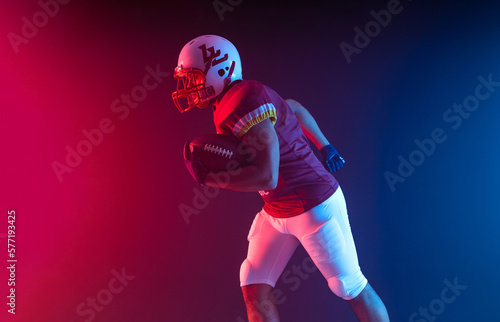American football player banner. Template for a sports magazine on the theme of American football with copy space. Mockup for betting advertisement.