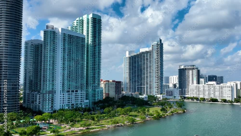 Aerial shot of the tall buildings along the ocean in downtown Miami Florida Aerial shot of the tall buildings along the ocean in downtown Miami Florida