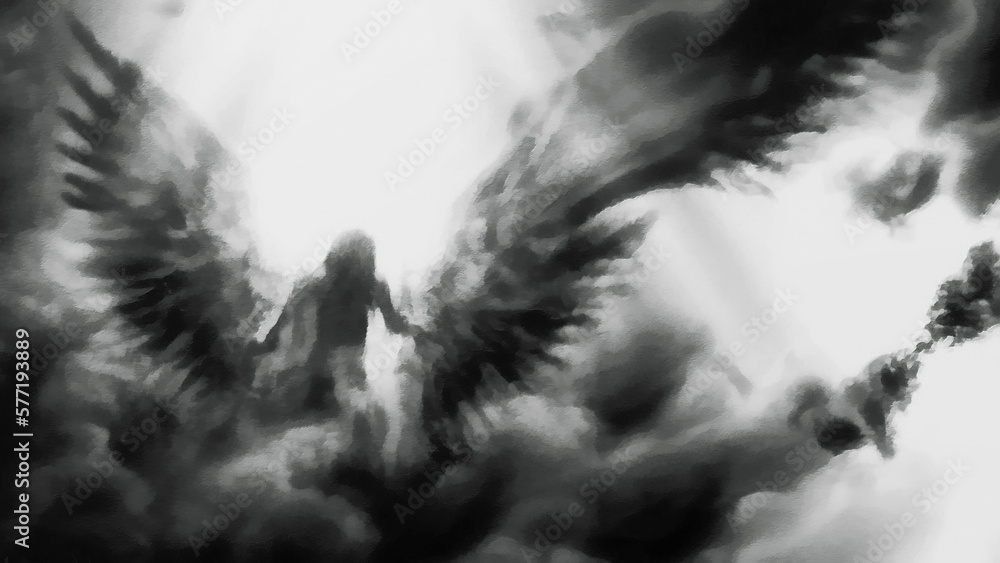Angel Lucifer in heaven. Black clouds, mystical atmosphere